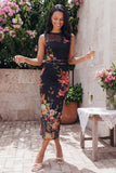 Black Floral Bateau Neck Ruched Midi Wedding Guest Dress
