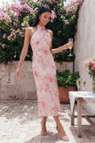 Pink Halter Floral Backless Midi Wedding Guest Dress with Slit
