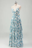 White Blue Flower A Line V Neck Tiered Long Bridesmaid Dress with Lace Up Back