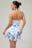 White Blue Flower Bodycon Strapless Printed Short Homecoming Dress