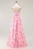 Pink Flower A Line Spaghetti Straps Corset Long Bridesmaid Dress with Ruffles