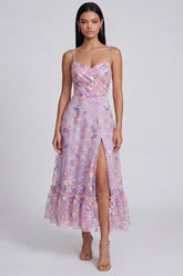 Lilac Floral Applique A Line Midi Wedding Guest Dress with Slit