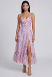 Lilac Floral Applique A Line Midi Wedding Guest Dress with Slit