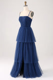 Navy A Line Spaghetti Straps Tulle Pleated Floor Length Bridesmaid Dress With Slit