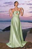 Light Green A Line Halter Satin Hollow Out Long Bridesmaid Dress with Flower