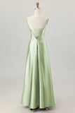 Dusty Sage A Line Spaghetti Straps Satin Long Bridesmaid Dress with Lace Up Back