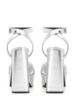 Metallic Silver Leather Block Heel Platform Sandals with Ankle Strap