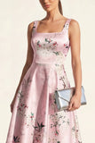 Pink Printed Satin A Line Midi Wedding Guest Dress