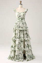 A Line Spaghetti Straps Printed Tiered Long Green Bridesmaid Dress With Slit