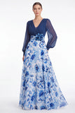 A Line Blue Flower V Neck Mother of the Bride Dress with Long Sleeves