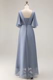 Dusty Blue A Line Chiffon V Neck Ruched Mother Of The Bride Dress with Short Sleeves