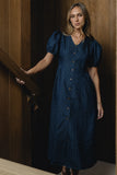 Conley Pinstripe Midi Dress in Medium Wash