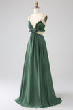 Eucalyptus A Line Spaghetti Straps Backless Chiffon Long Bridesmaid Dress