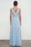 Floral A Line V Neck Sleeveless Blue Wedding Guest Dress