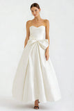 White Strapless A Line Maxi Engagement Dress with Bow