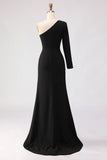 Black One Shoulder Mermaid Long Sleeve Mother of the Bride Dress with Slit