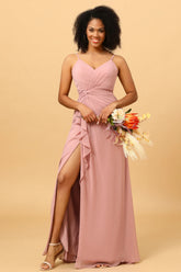 A Line Spaghetti Straps V Neck Chiffon Ruffled Long Bridesmaid Dress with Slit