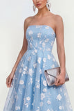 Strapless Floral Blue A Line Wedding Guest Dress