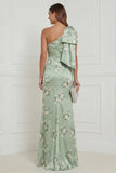 Sage Green One Shoulder Sheath Floral Long Bridesmaid Dress with Bow