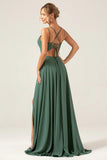 A Line Spaghetti Straps Pleated Chiffon Eucalyptus Bridesmaid Dress With Slit