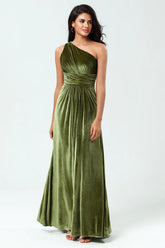 A Line One Shoulder Ruched Velvet Floor Length Dress