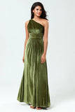 A Line One Shoulder Ruched Velvet Floor Length Dress