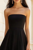 Simple A Line Strapless Long Black Tie Dress With Slit