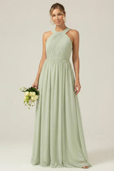 Dusty Sage A Line Halter Chiffon Long Bridesmaid Dress