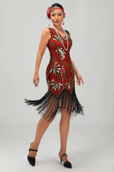 Red Golden Sequin 1920s V Neck Bodycon Flapper Dress with Tassles