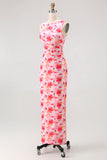 Simple Pink Flower Sheath Boat Neck Wedding Guest Dress