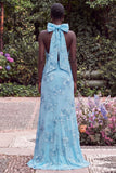 Halter Blue Mermaid Floral Embroidery Bow Keyhole Maxi Dress with Slit