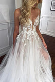 Spaghetti Straps V Neck Lace Appliques A line Tulle Rustic Wedding Dress