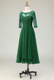 Green A Line Tie Back Appliqued Midi Mother Of The Bride Dress with Half Sleeves