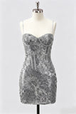 Grey Corset Bodycon Sequin Short Homecoming Dress