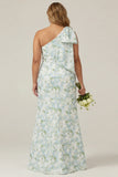 Blue White Flower Mermaid One Shoulder Print Long Bridesmaid Dress with Bow