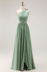Green A Line One Shoulder Ruched Chiffon Long Bridesmaid Dress with Slit