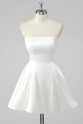 Simple A Line Strapless Satin Little White Graduation Dress