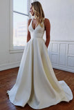 A Line V Neck White Long Wedding Dress with Bow Knot