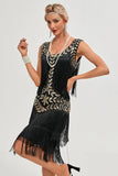 Black Gatsby Flapper Dress with Sequins and Fringes