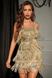 Glitter Golden Sheath Column Sequins Short Party Dress with Fringes