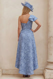 Dusty Blue Floral One Shoulder A Line High Low Mother of the Bride Dress