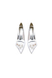 Pointed Toe White Rhinestone Chunky Heels with Flower