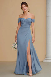 Ruched Off The Shoulder Twilight A Line Bridesmaid Dress with Slit
