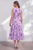 Purple Flower A Line V Neck Wedding Guest Dress with Belt