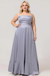 Dusty Blue A Line Satin Long Plus Size Bridesmaid Dress with Lace Up Back
