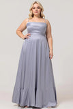 Dusty Blue A Line Satin Long Plus Size Bridesmaid Dress with Lace Up Back