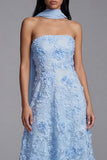 Strapless Blue Appliqued A Line Midi Wedding Guest Dress