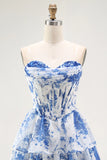 Strapless White Blue Flower A Line Corset Mini Homecoming Dress with Ruffles