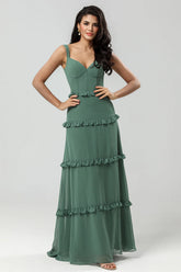 Elegant Eucalyptus A Line Spaghetti Straps Chiffon Long Bridesmaid Dress