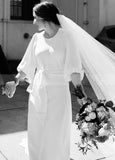 Simple Elegant Half Sleeves Crepe O Neck White Wedding Dresses with Sash
